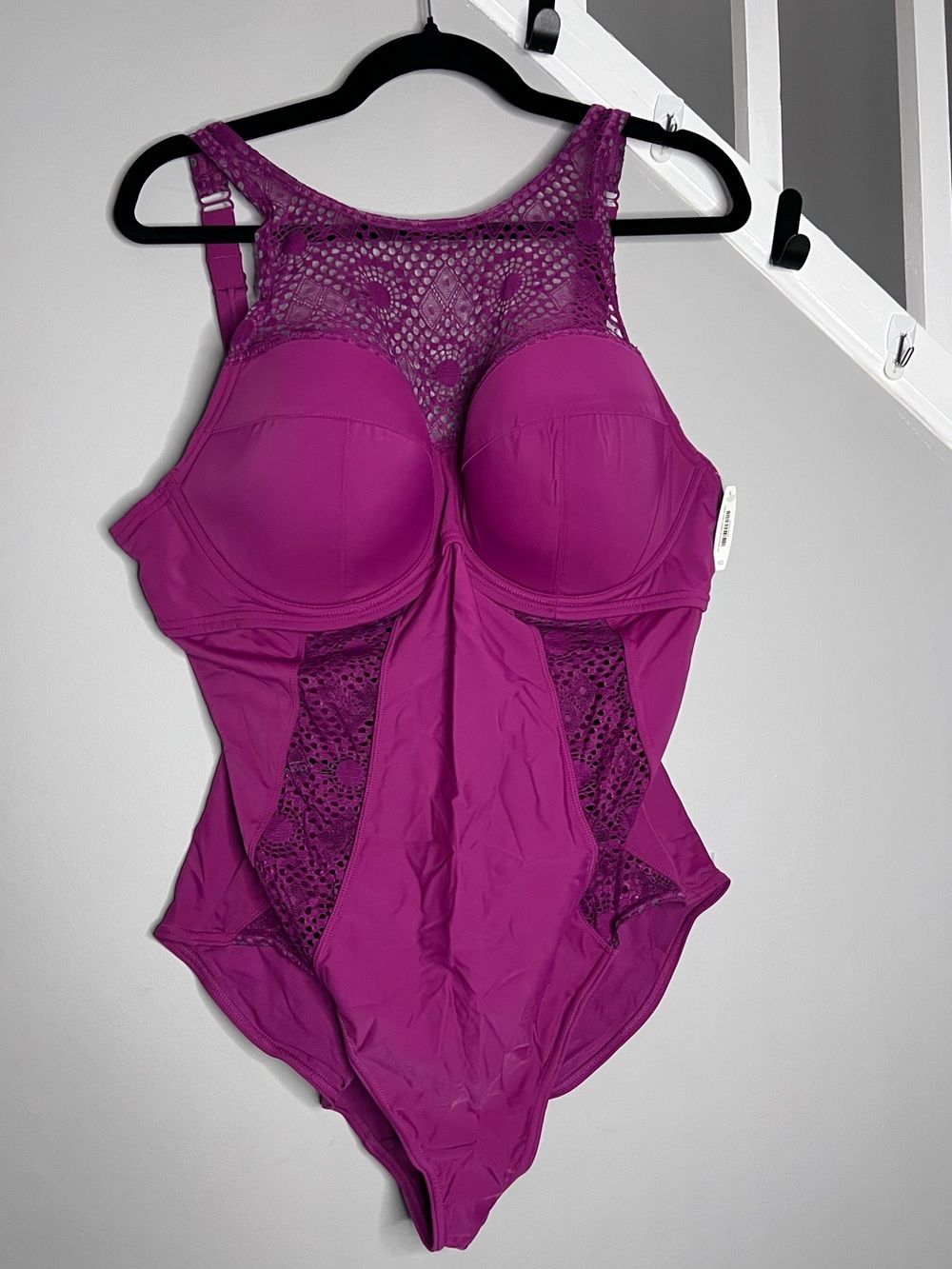 0074: Adore Me Magenta Crochet-Panel One-Piece Swimsuit Size 40DD